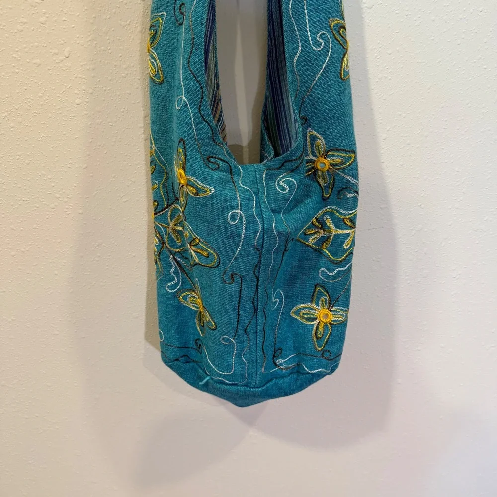 Rising International Hobo Bag Women Teal Embroidered Floral Boho Nepal Hippie